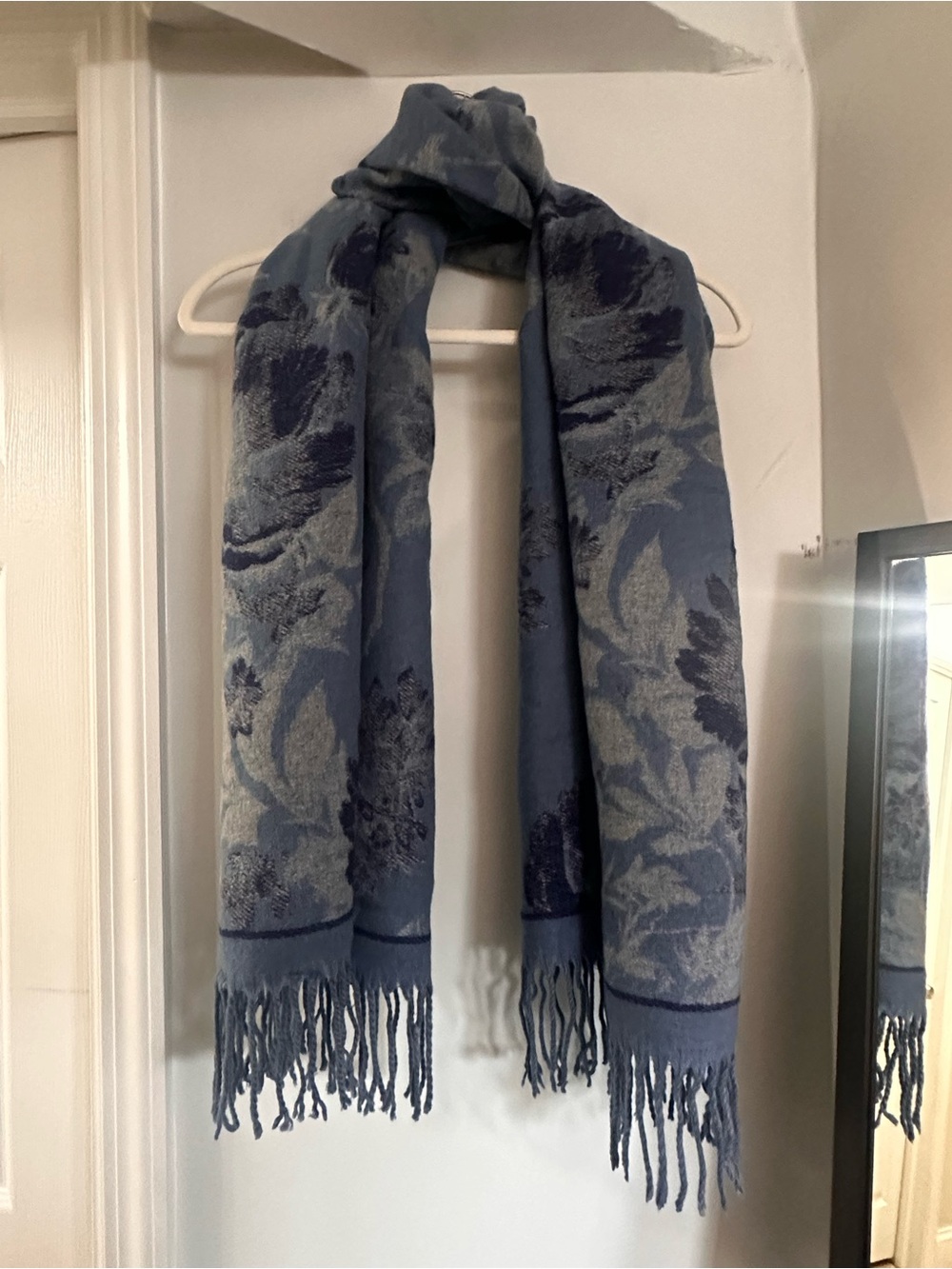 Pretty Persuasions Blue Floral Jacquard Shawl with Fringe